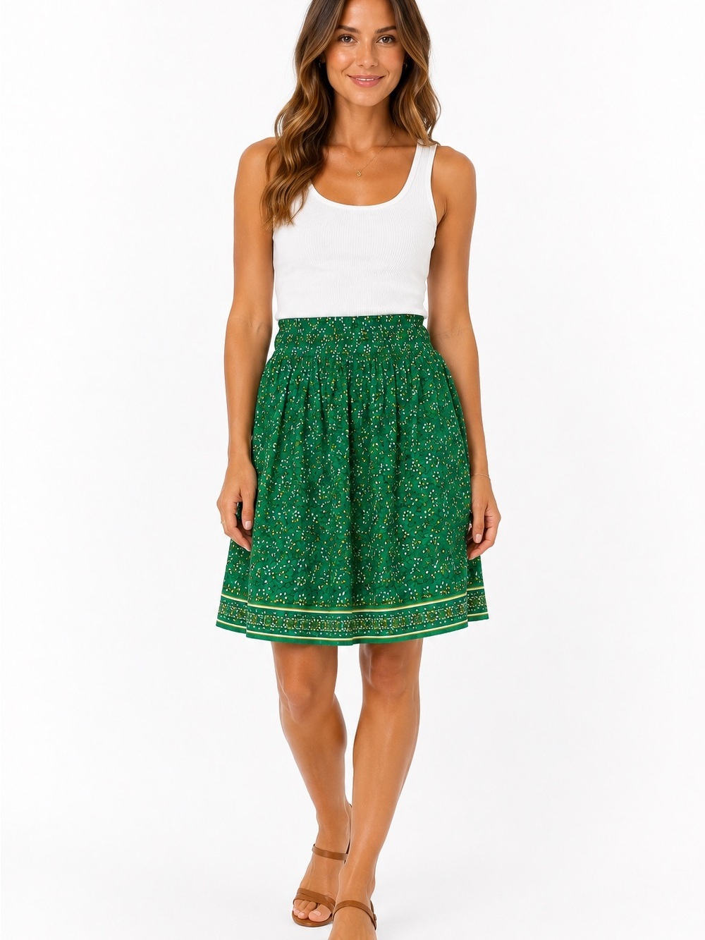 Max Studio Green Floral Smocked A-Line Skirt NWT Boho Casual Career